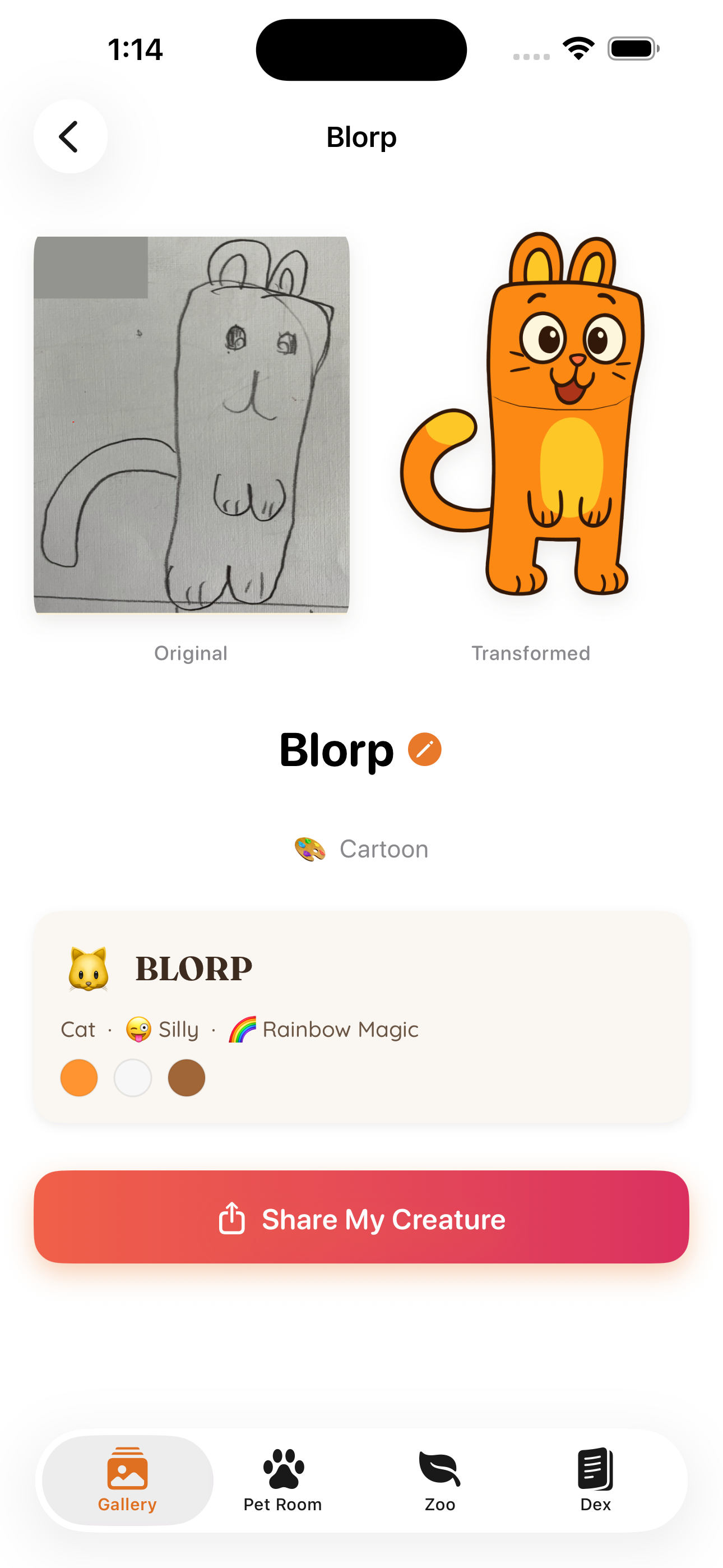 DoodlePet share screen showing a creature card